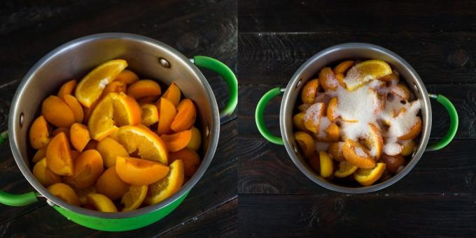 Uogienė iš abrikosų ir apelsinų: vaisių, užpilkite cukraus