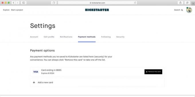 Kaip pirkti Kickstarter: tada kortelė pasirodys galimų mokėjimo metodų sąrašą