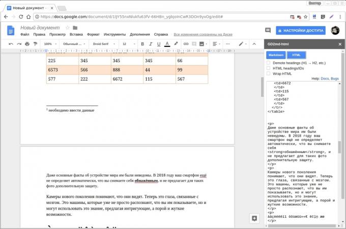 "Google Docs" papildinių: GD2md html