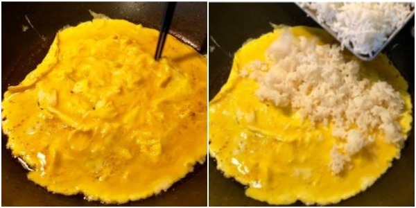 Kaip virėjas Kepti ryžiai su kiaušiniu: Fry kiaušinius ir sudėkite ryžius