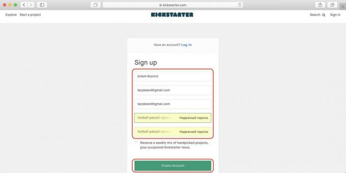 Kaip pirkti Kickstarter: įveskite vardą, pavardę, elektroninio pašto adresą ir slaptažodį, tada spustelėkite žalią mygtuką
