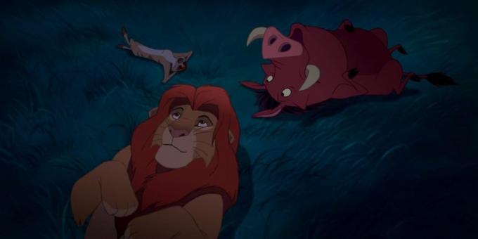 Karikatūrų "Liūtas karalius": Simba Timon ir Pumbaa yra pagal naktiniame danguje ir galvoti apie žvaigždes pobūdžio