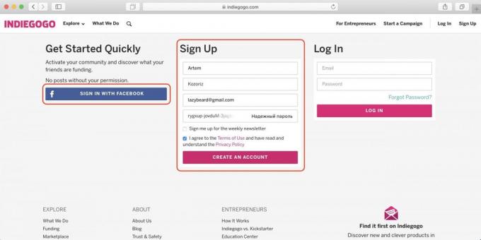 Kaip pirkti Indiegogo: įveskite vardą, pavardę, elektroninio pašto adresą ir slaptažodį, arba Prisijungti su Facebook