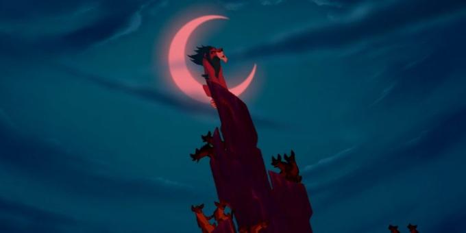 Karikatūrų "Liūtas karalius": Just Fit galutiniame muzikos skaičius Būkite pasirengę Randų figūra blizgantis pusmėnulio naktiniame danguje