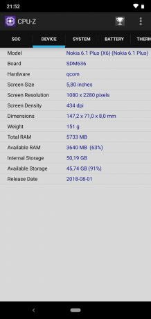 Apžvalga Nokia 6.1 plius: CPU-Z "(tęsinys)
