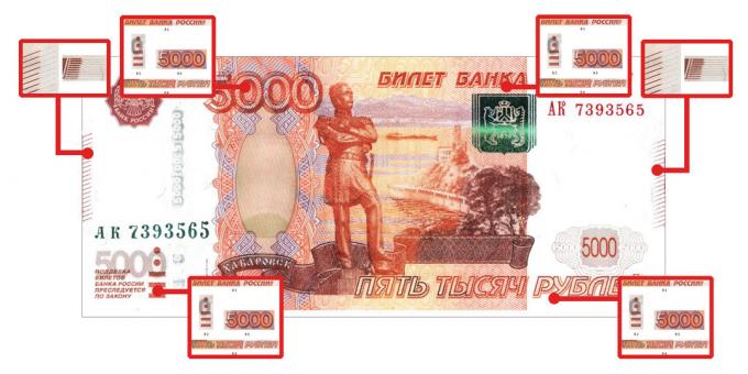 padirbti pinigai: autentiškumą funkcijos, kurios yra matomos liesti, 5000 rublių