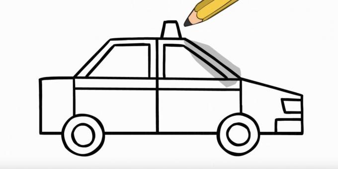 Kaip nupiešti automobilį: atkreipkite priekinius žibintus ir švyturį