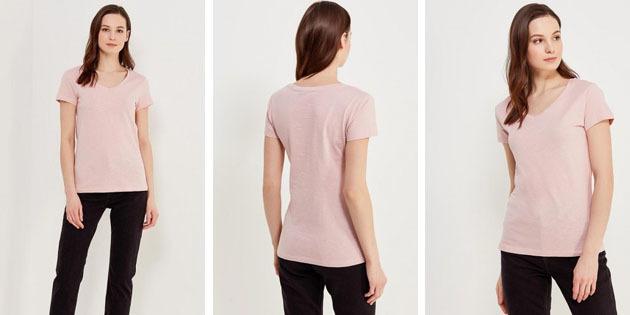Pagrindinio moterų marškinėliai iš Europos parduotuvių: marškinėliai Sela spalva dulkių Rose