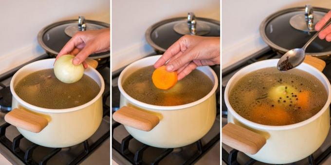 Kaip virėjas vištienos sriuba: sultinio, pridėti morkas, svogūnus ir paprikas