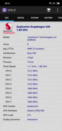 Apžvalga Xiaomi "Redmi Pastaba 6 Pro": CPU-Z "