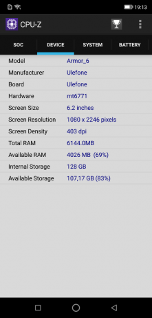 Ulefone šarvai 6: CPU-Z "