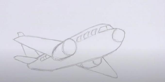 Kaip nupiešti lėktuvą: nupieškite iliuminatorius, stiklą ir variklį