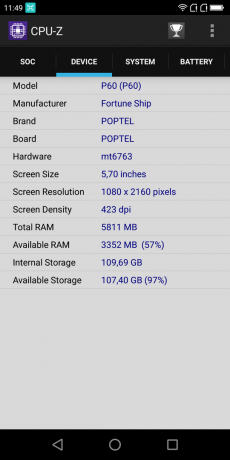 Apžvalga Poptel P60: CPU-Z (įrenginys)