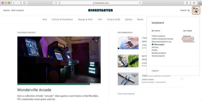 Kaip pirkti Kickstarter: paspauskite ant profilio piktogramą ir tada - ant Redaguoti profilio nuoroda