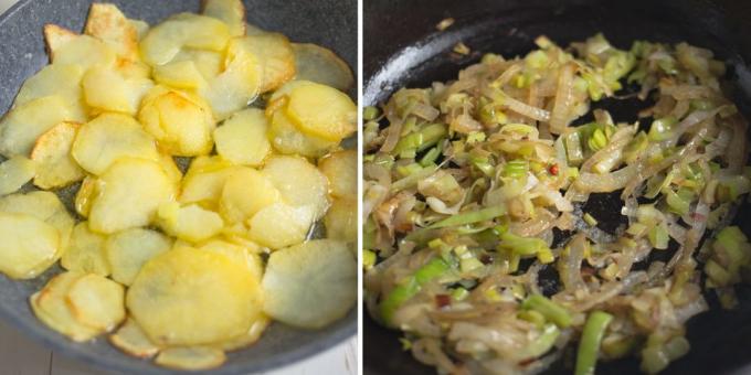 Bulvių omletas: pakepinti svogūnus ir bulves