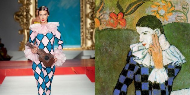 Modelis Moschino ir Pikasas "Pasviręs Arlekino"