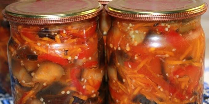 Skanus Baklažanai žiemą: baklažanai su morkų, pipirų ir kečupas