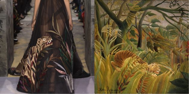 Valentino modelis ir Henri Rousseau tapyba "Tiger atogrąžų audros"