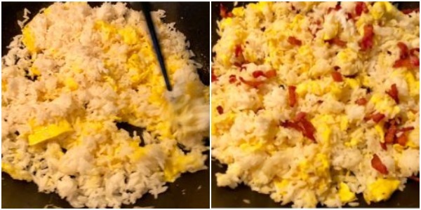 Kaip virėjas Kepti ryžiai su kiaušiniu: Kai ryžiai pašildytas, pridėkite kumpio, druskos ir sojų padažą ir gerai išmaišykite