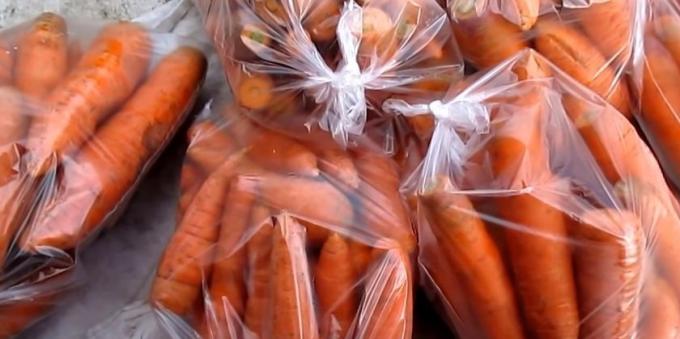 Kaip laikyti morkas į maišus: įdėti morkos į plastikinius maišelius ir tinkamai susieti juos