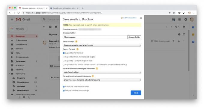 Būdai atsisiųsti failus į Dropbox: nukopijuoti visą laišką Gelbėkit laiškų į Dropbox