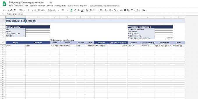 «Google skaičiuoklės»: šablonas "Inventoriaus sąrašas"