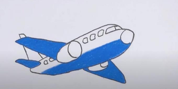 Kaip nupiešti lėktuvą: apvedžiokite piešinį ir pridėkite mėlyną spalvą