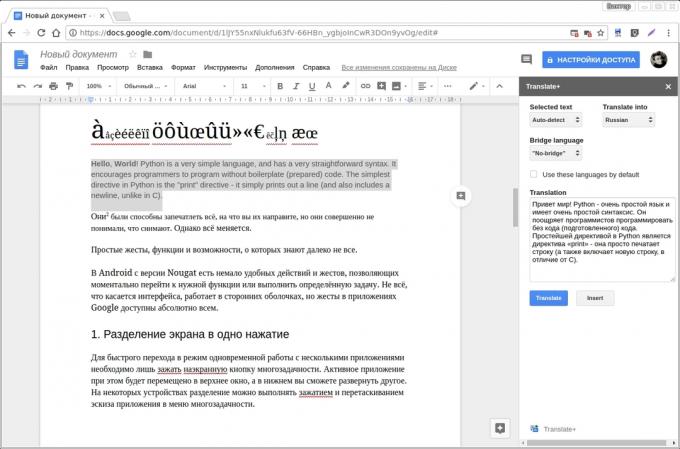 "Google Docs" add-ons: Išversti +