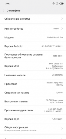 Apžvalga Xiaomi "Redmi Pastaba 6 Pro": Sistemos versija