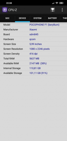 peržiūrėti Xiaomi Pocophone F1: CPU-Z "