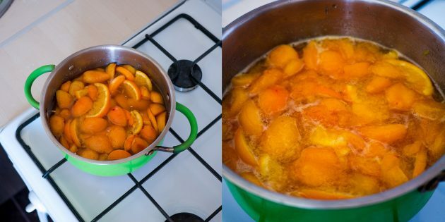 Abrikosų ir apelsinų uogienė: padėkite puodą ant viryklės