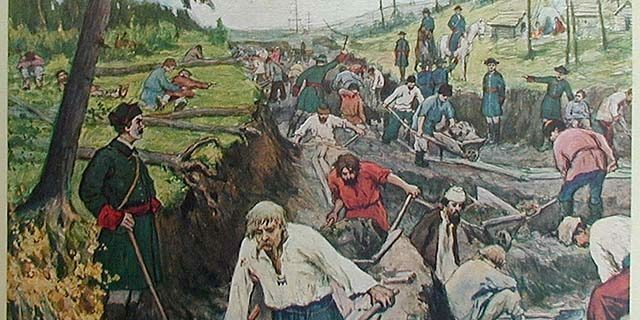 Rusijos imperijos istorija: Ladogos kanalo tiesimas, Aleksandro Moravovo ir Ivano Sytino piešinys, 1910 m. 