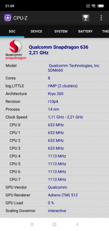 Apžvalga Xiaomi Mi 8 Lite: CPU-Z "(SOC)