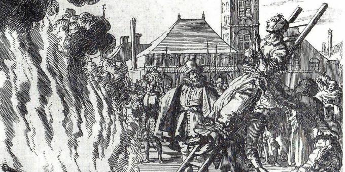 Inkvizicija viduramžiais: "XVI amžiaus olandų anabaptisto Annekeno Hendrixo apkaltinimas erezija", graviūra Jan Leuken