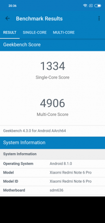 Apžvalga Xiaomi "Redmi Pastaba 6 Pro": GeekBench