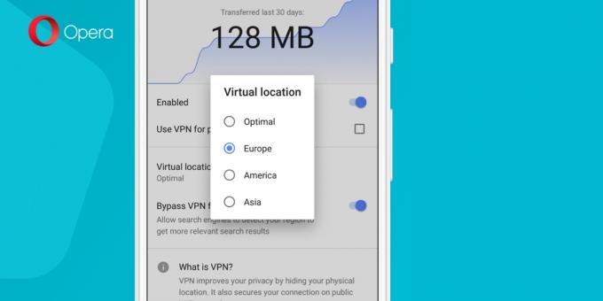 Built-in VPN Android prietaisus su Opera beta: regionas pasirinkimas