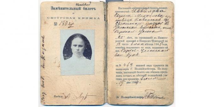 Rusijos imperijos istorija: prostitutės pažymėjimas už teisę dirbti Nižnij Novgorodo mugėje 1904–1905 m.