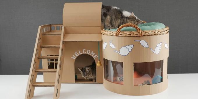 Kaip padaryti dviejų aukštų namą katės iš dėžutės su savo rankas