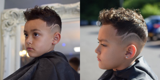 Trendy šukuosena berniukams: Fade su geometrinių raštų