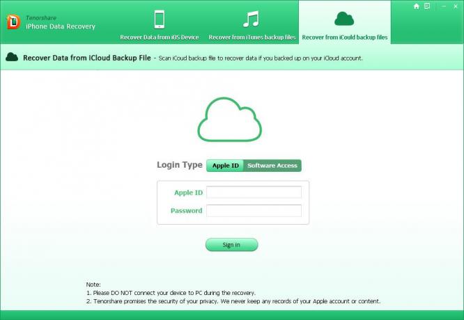 Tenorshare "iPhone duomenų atkūrimo: autentifikavimas naudojant" iCloud "sąskaitą