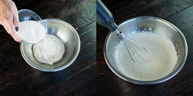 Klasikinis „Medovik“ su grietine: grietinę ir cukrų sumaišykite giliame dubenyje