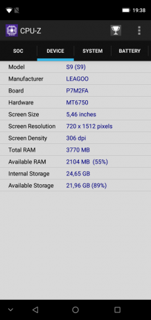 Apžvalga Leagoo P9: CPU-Z "
