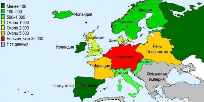 Nužudytų raganų skaičius Europos šalyse XV - XVII a.